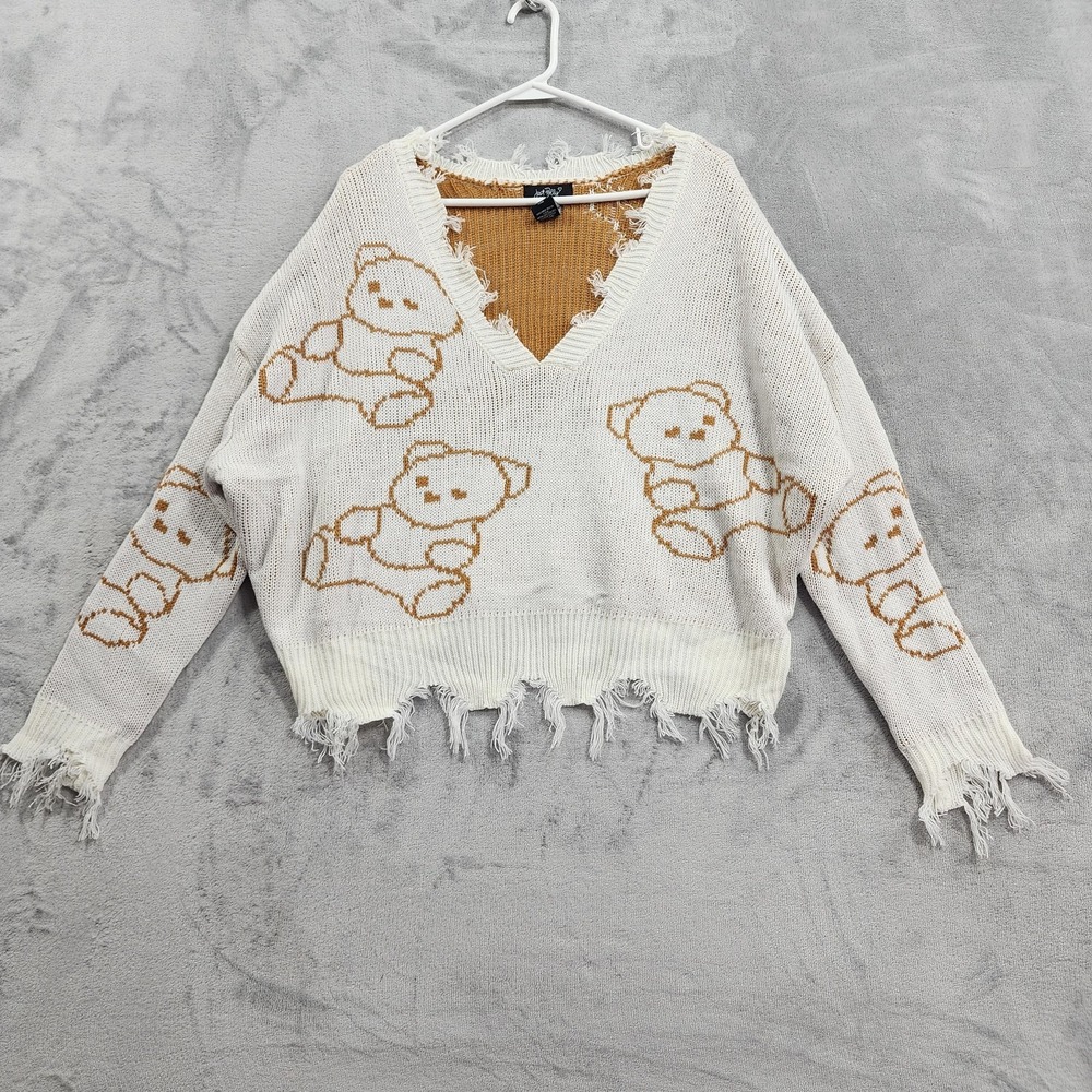 Just Polly Sweater Womens M White Tan Teddy Bear V-Neck Distressed Fringe Knit